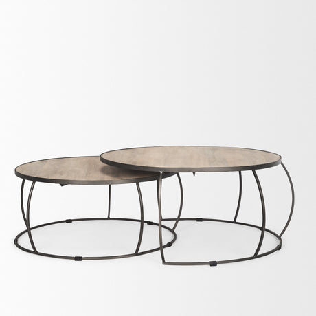 Clapp Round Light Brown W/ White Wash Wood and Silver Metal Nesting Coffee Tables (Set of 2) by Mercana at Eve Furniture