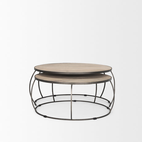 Clapp Round Light Brown W/ White Wash Wood and Silver Metal Nesting Coffee Tables (Set of 2) by Mercana at Eve Furniture