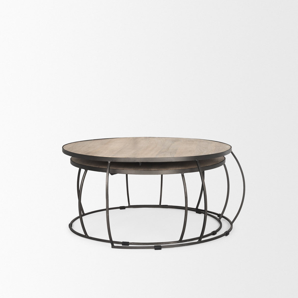 Clapp Round Light Brown W/ White Wash Wood and Silver Metal Nesting Coffee Tables (Set of 2) by Mercana at Eve Furniture