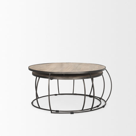 Clapp Round Light Brown W/ White Wash Wood and Silver Metal Nesting Coffee Tables (Set of 2) by Mercana at Eve Furniture