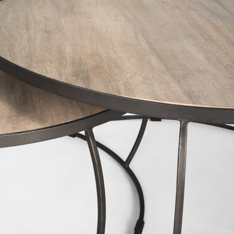 Clapp Round Light Brown W/ White Wash Wood and Silver Metal Nesting Coffee Tables (Set of 2) by Mercana at Eve Furniture