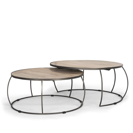 Clapp Round Light Brown W/ White Wash Wood and Silver Metal Nesting Coffee Tables (Set of 2) by Mercana at Eve Furniture