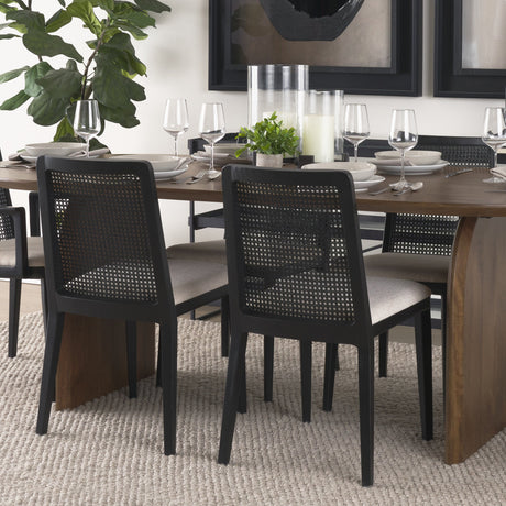 Clara Black Wood W/ Cream Fabric Seat and Cane Back Armless Dining Chair, Set of 2 by Mercana at Eve Furniture