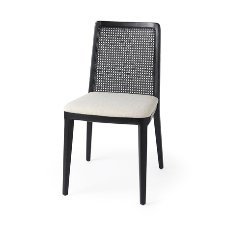 Clara Black Wood W/ Cream Fabric Seat and Cane Back Armless Dining Chair, Set of 2 by Mercana at Eve Furniture