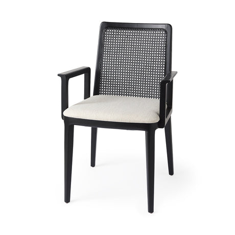 Clara Black Wood W/ Cream Fabric Seat and Cane Back Dining Chair by Mercana at Eve Furniture
