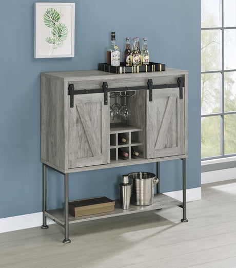 Claremont Gray Driftwood Sliding Door Bar Cabinet with Lower Shelf by Coaster at Eve Furniture