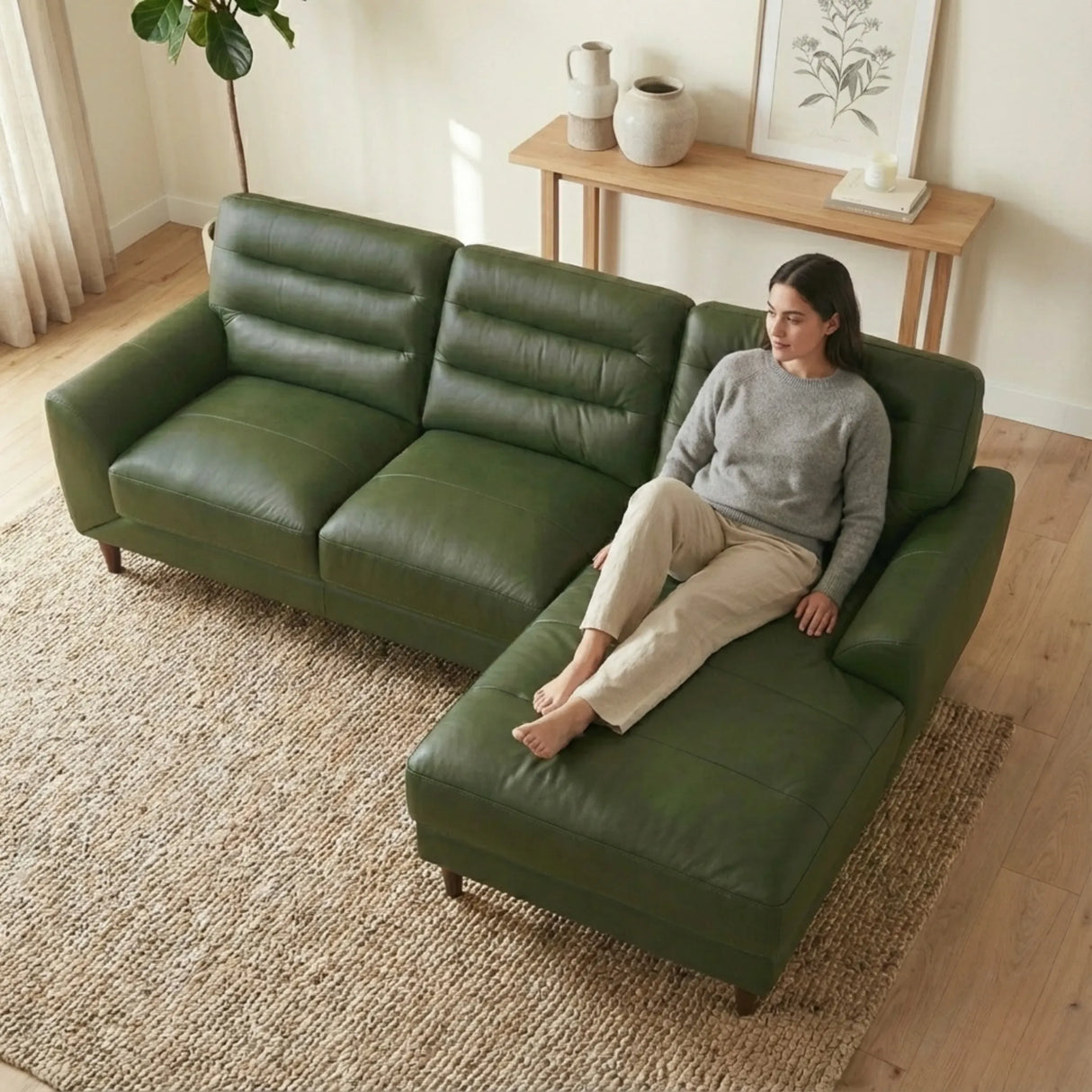 Clarion Genuine Green Leather Sectional Sofa with Chaise Lounge by Ashcroft Furniture at Eve Furniture