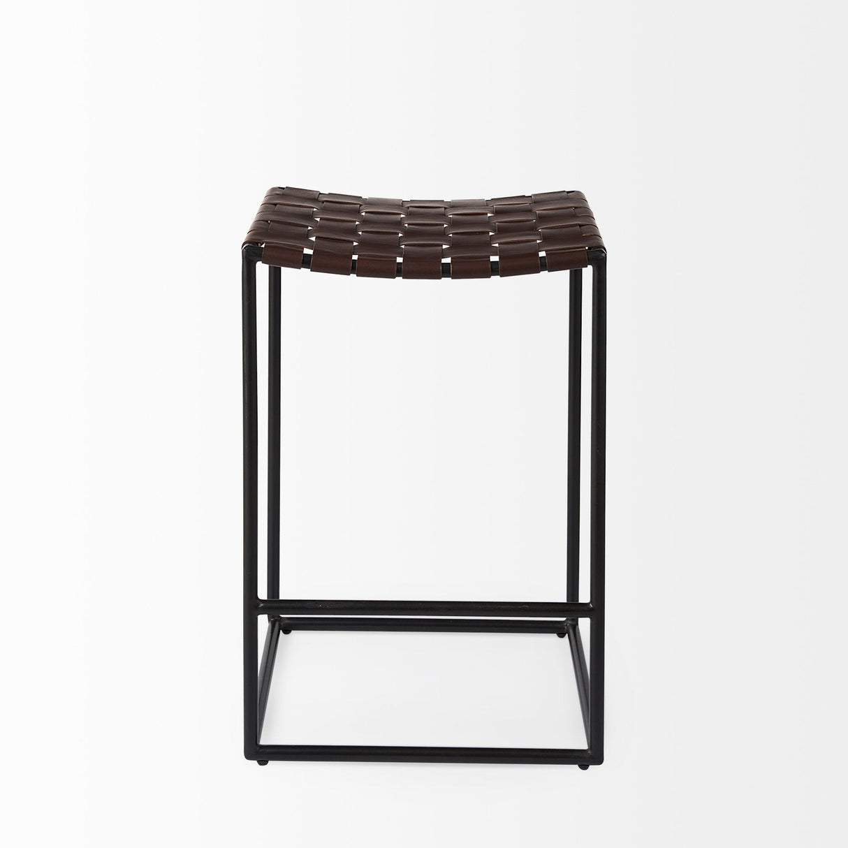 Clarissa 18.0L x 16.0W x 26.25H Dark Brown Woven Leather Seat W/ Black Iron Frame Counter Stool by Mercana at Eve Furniture