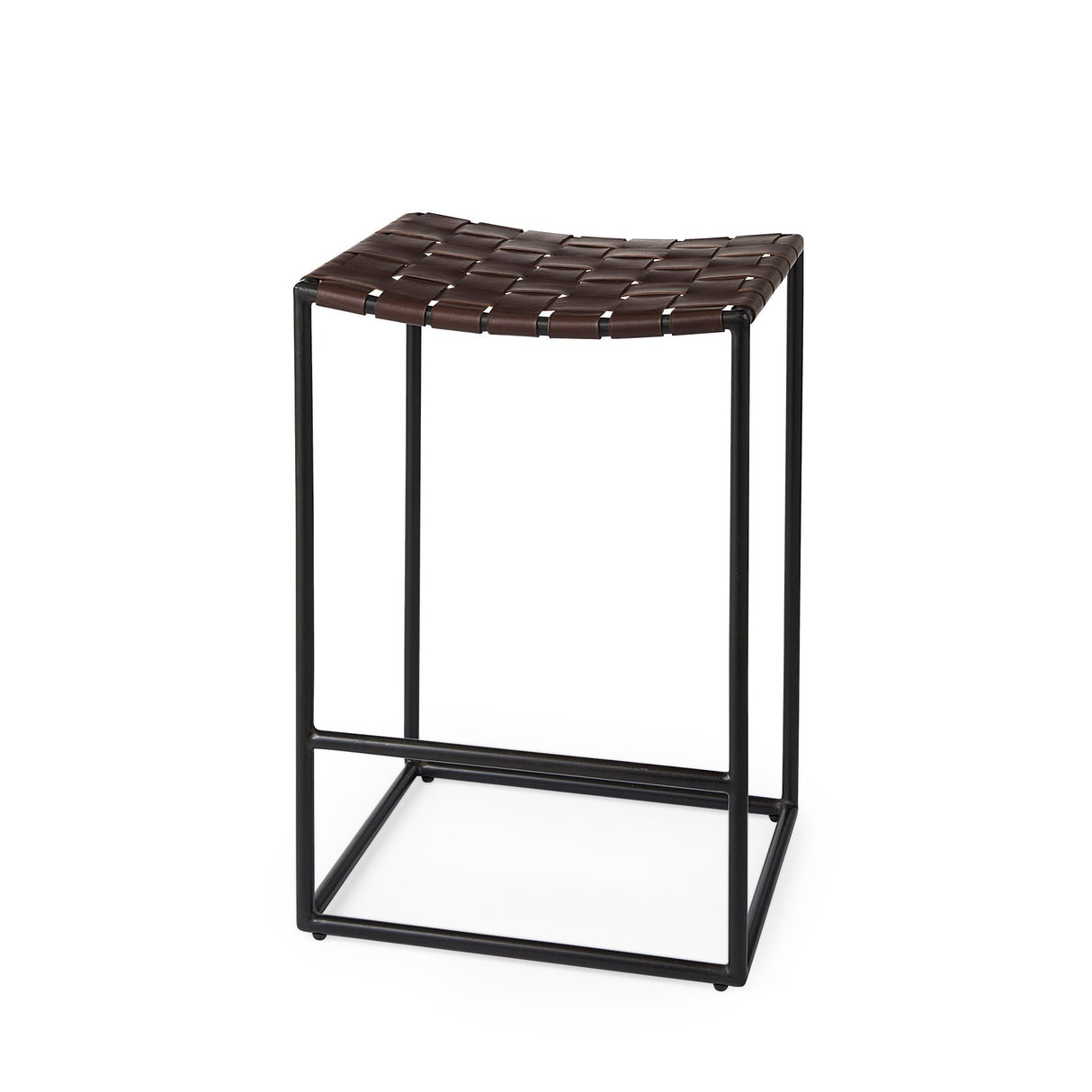 Clarissa 18.0L x 16.0W x 26.25H Dark Brown Woven Leather Seat W/ Black Iron Frame Counter Stool by Mercana at Eve Furniture