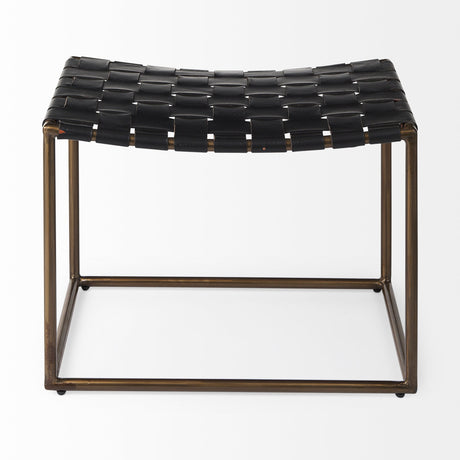 Clarissa Black Leather Woven Seat W/ Gold Metal Frame Stool by Mercana at Eve Furniture