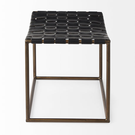 Clarissa Black Leather Woven Seat W/ Gold Metal Frame Stool by Mercana at Eve Furniture