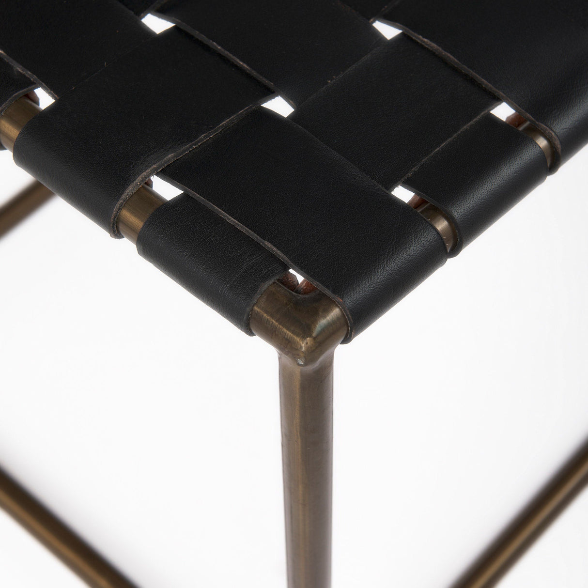 Clarissa Black Leather Woven Seat W/ Gold Metal Frame Stool by Mercana at Eve Furniture