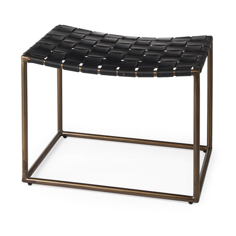 Clarissa Black Leather Woven Seat W/ Gold Metal Frame Stool by Mercana at Eve Furniture