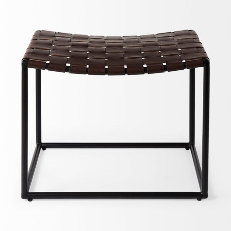Clarissa Brown Leather Woven Seat W/ Black Metal Frame Stool by Mercana at Eve Furniture
