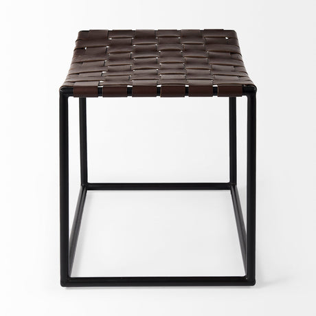 Clarissa Brown Leather Woven Seat W/ Black Metal Frame Stool by Mercana at Eve Furniture