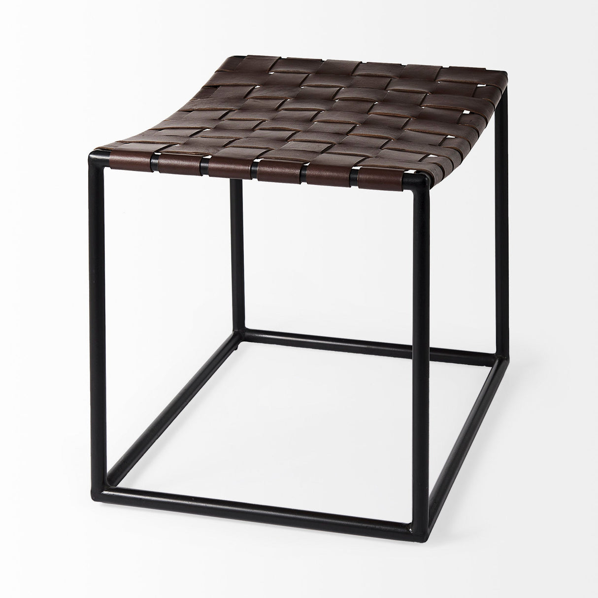 Clarissa 22.0L x 16.0W x 16.5H Brown Leather Woven Seat W/ Black Metal Frame Stool by Mercana at Eve Furniture