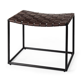 Clarissa 22.0L x 16.0W x 16.5H Brown Leather Woven Seat W/ Black Metal Frame Stool by Mercana at Eve Furniture
