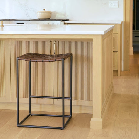 Clarissa Dark Brown Woven Leather Seat W/ Black Iron Frame Counter Stool by Mercana at Eve Furniture