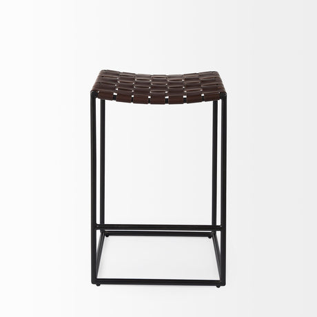 Clarissa Dark Brown Woven Leather Seat W/ Black Iron Frame Counter Stool by Mercana at Eve Furniture