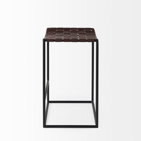 Clarissa Dark Brown Woven Leather Seat W/ Black Iron Frame Counter Stool by Mercana at Eve Furniture