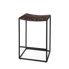Clarissa Dark Brown Woven Leather Seat W/ Black Iron Frame Counter Stool by Mercana at Eve Furniture