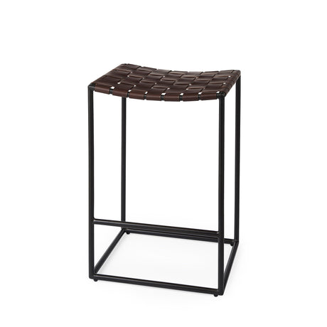 Clarissa Dark Brown Woven Leather Seat W/ Black Iron Frame Counter Stool by Mercana at Eve Furniture