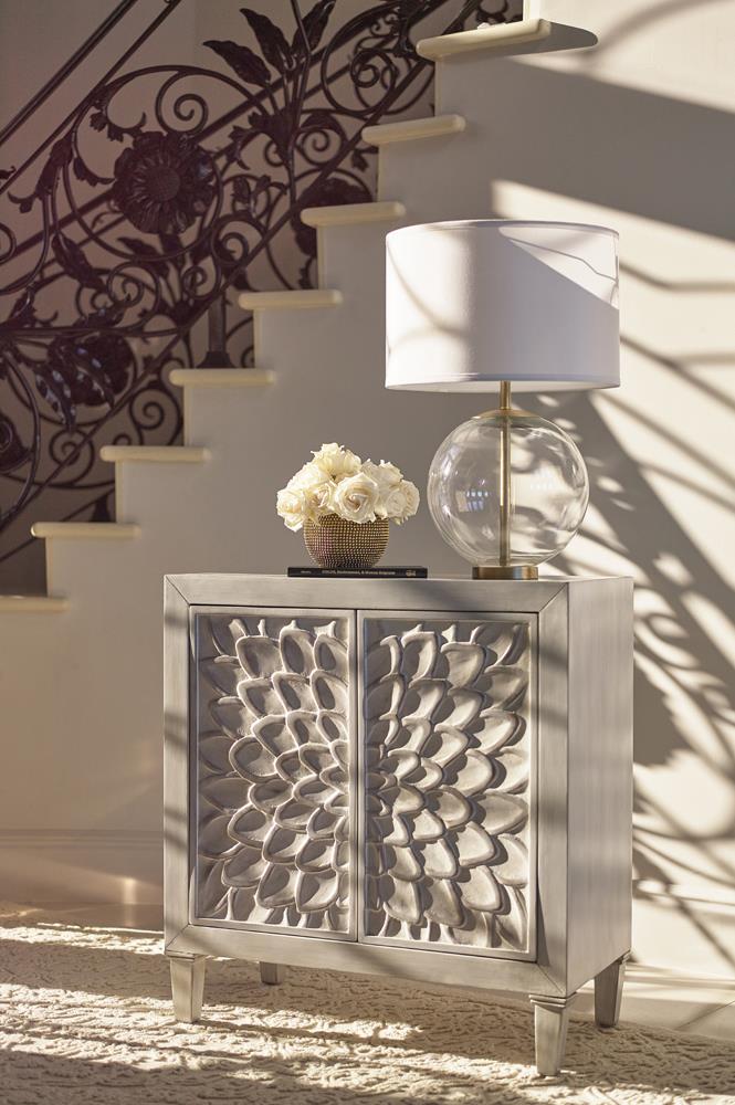 Clarkia White Accent Cabinet with Floral Carved Door