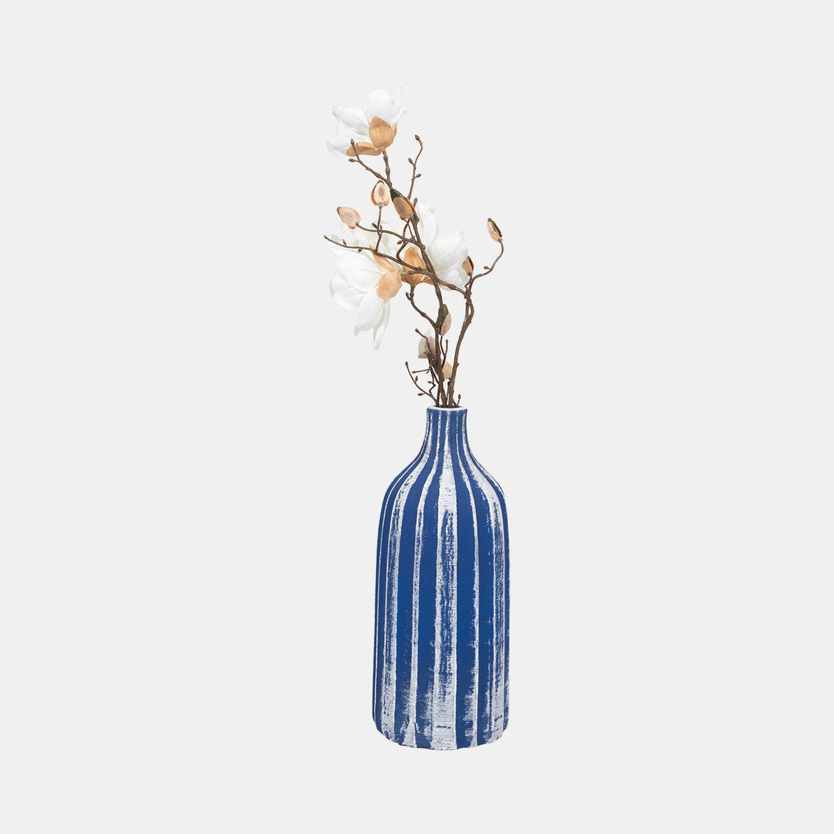 Clay, 16" Flat Ribbed Bottle Vase, Blue/white