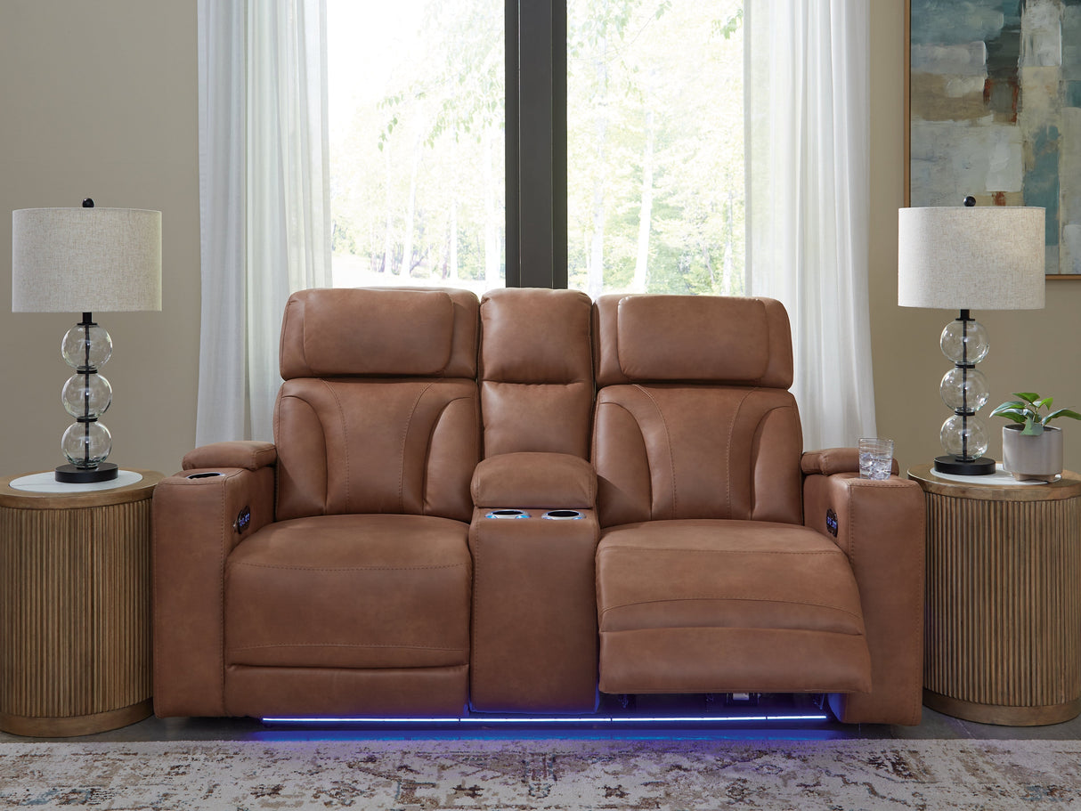 Clean-Slate Caramel Power Reclining Loveseat with Console by Ashley at Eve Furniture