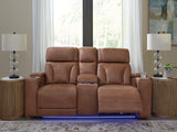 Clean-Slate Caramel Power Reclining Loveseat with Console by Ashley at Eve Furniture