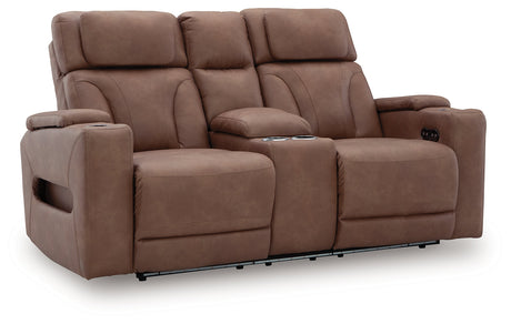 Clean-Slate Caramel Power Reclining Loveseat with Console by Ashley at Eve Furniture