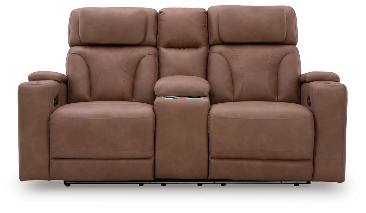 Clean-Slate Caramel Power Reclining Loveseat with Console by Ashley at Eve Furniture