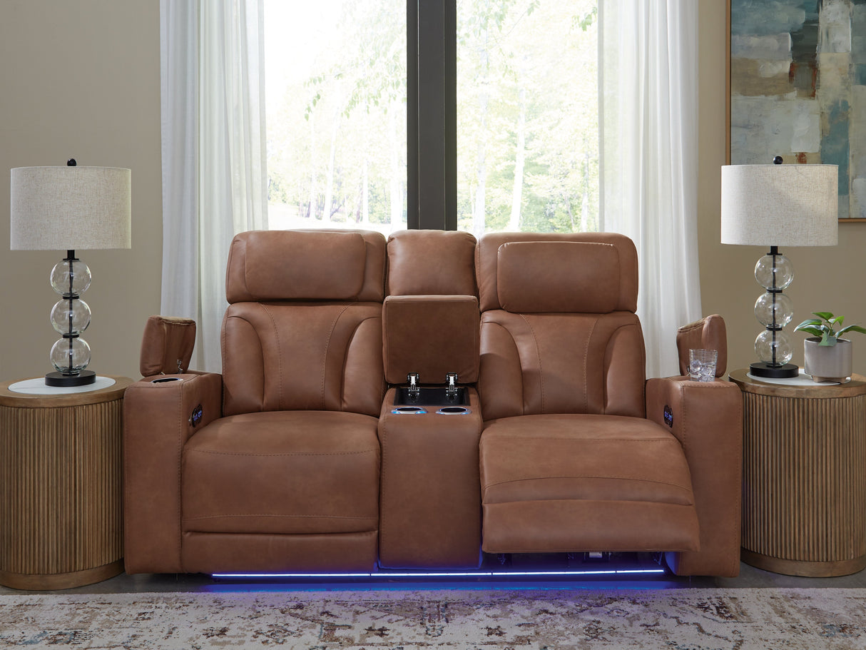 Clean-Slate Caramel Power Reclining Loveseat with Console by Ashley at Eve Furniture