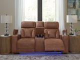 Clean-Slate Caramel Power Reclining Loveseat with Console by Ashley at Eve Furniture