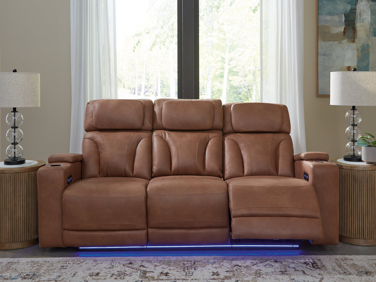 Clean-Slate Caramel Dual Power Reclining Sofa by Ashley at Eve Furniture