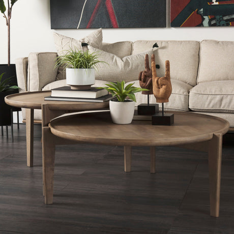 Cleaver (Set of 2) & Round Brown Solid Wood Nesting Coffee Tables by Mercana at Eve Furniture