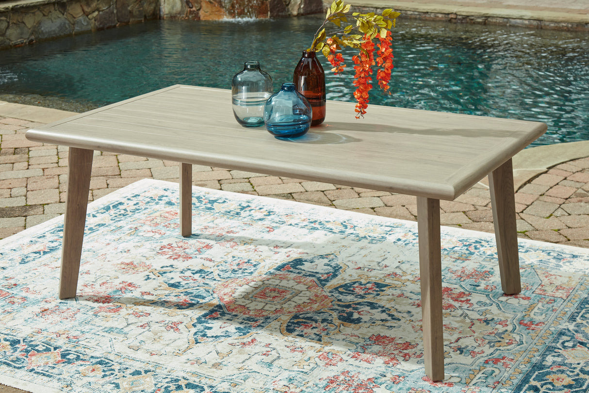 Cliff Trails Beige Outdoor Dining Table and 4 Arm Chairs by Ashley at Eve Furniture