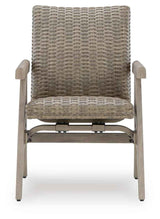 Cliff Trails Beige Outdoor Dining Table and 4 Arm Chairs by Ashley at Eve Furniture