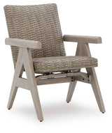Cliff Trails Beige Outdoor Dining Table and 4 Arm Chairs by Ashley at Eve Furniture