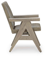 Cliff Trails Beige Outdoor Dining Table and 4 Arm Chairs by Ashley at Eve Furniture