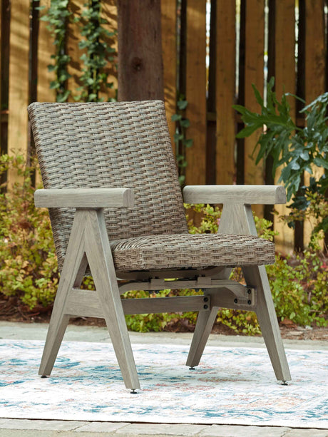Cliff Trails Beige Outdoor Dining Table and 4 Arm Chairs by Ashley at Eve Furniture