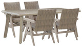 Cliff Trails Beige Outdoor Dining Table and 4 Arm Chairs by Ashley at Eve Furniture