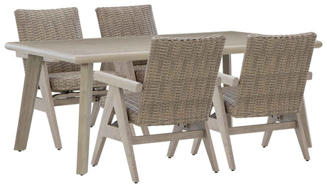 Cliff Trails Beige Outdoor Dining Table and 4 Arm Chairs by Ashley at Eve Furniture