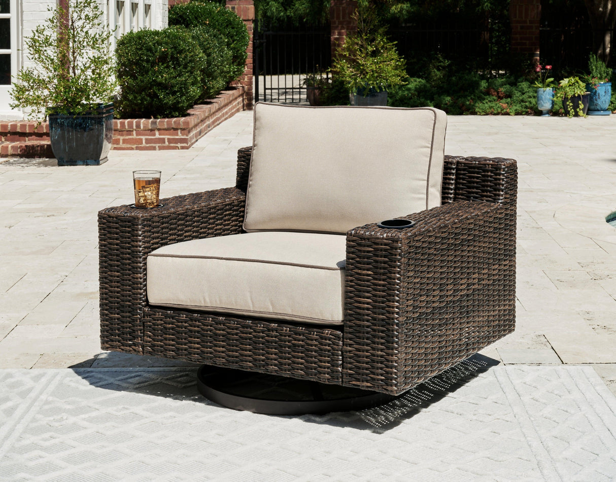 Coastline Bay Brown Outdoor Swivel Lounge with Cushion by Ashley at Eve Furniture