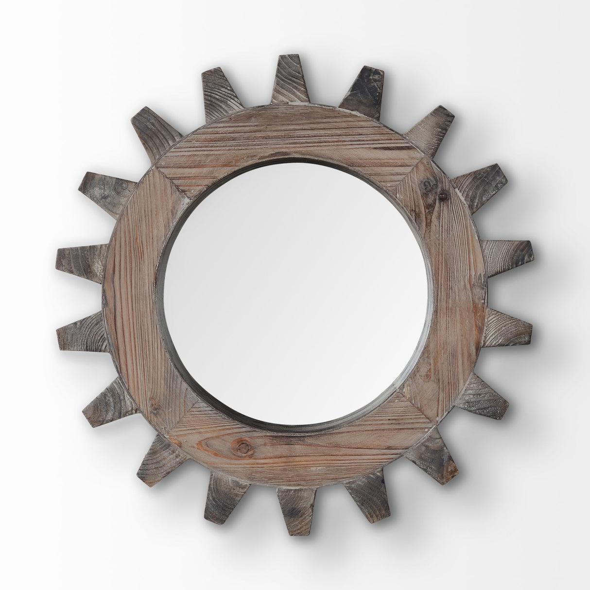 Cog Mirror Round Brown Wood Frame Mirror by Mercana at Eve Furniture