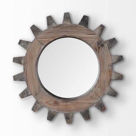 Cog Mirror Round Brown Wood Frame Mirror by Mercana at Eve Furniture