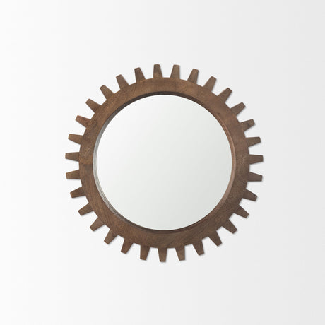Cog Mirror Round Brown Wood Frame Mirror by Mercana at Eve Furniture