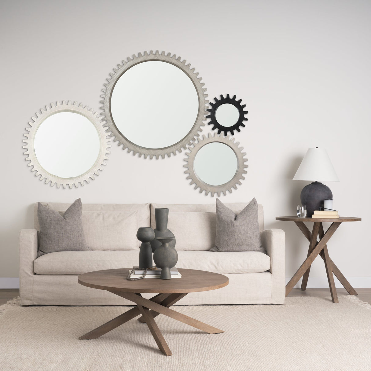 Cog Mirror Round Gray Wood Frame Mirror by Mercana at Eve Furniture