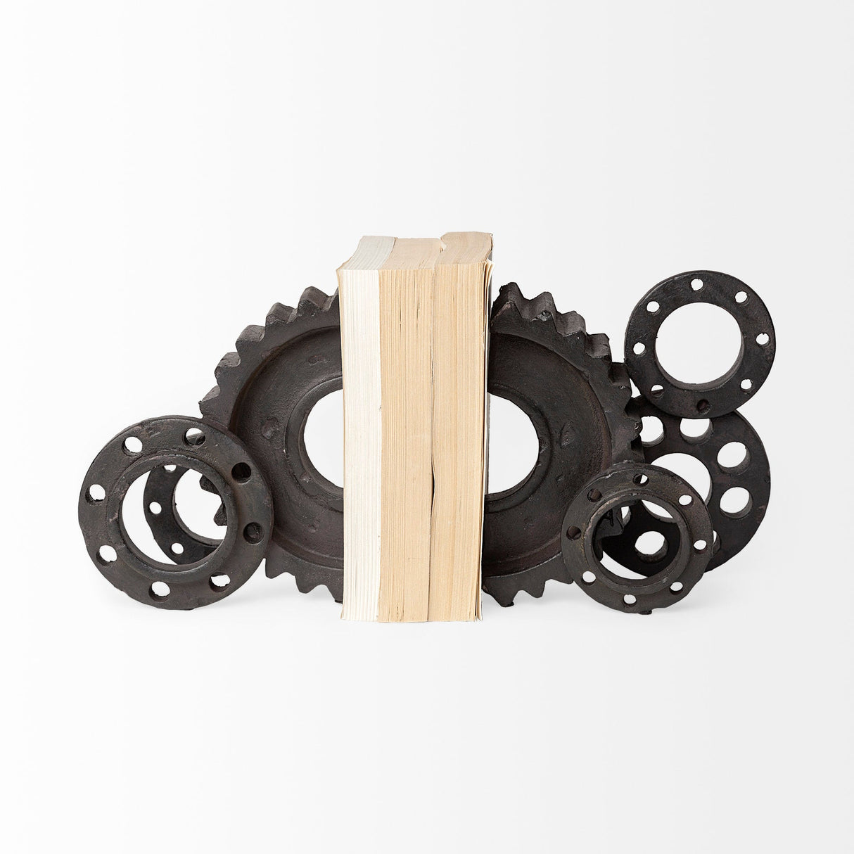 Cogsworth Set of 2 14L x 4W Brown Resin Industrial Gear Bookends by Mercana at Eve Furniture