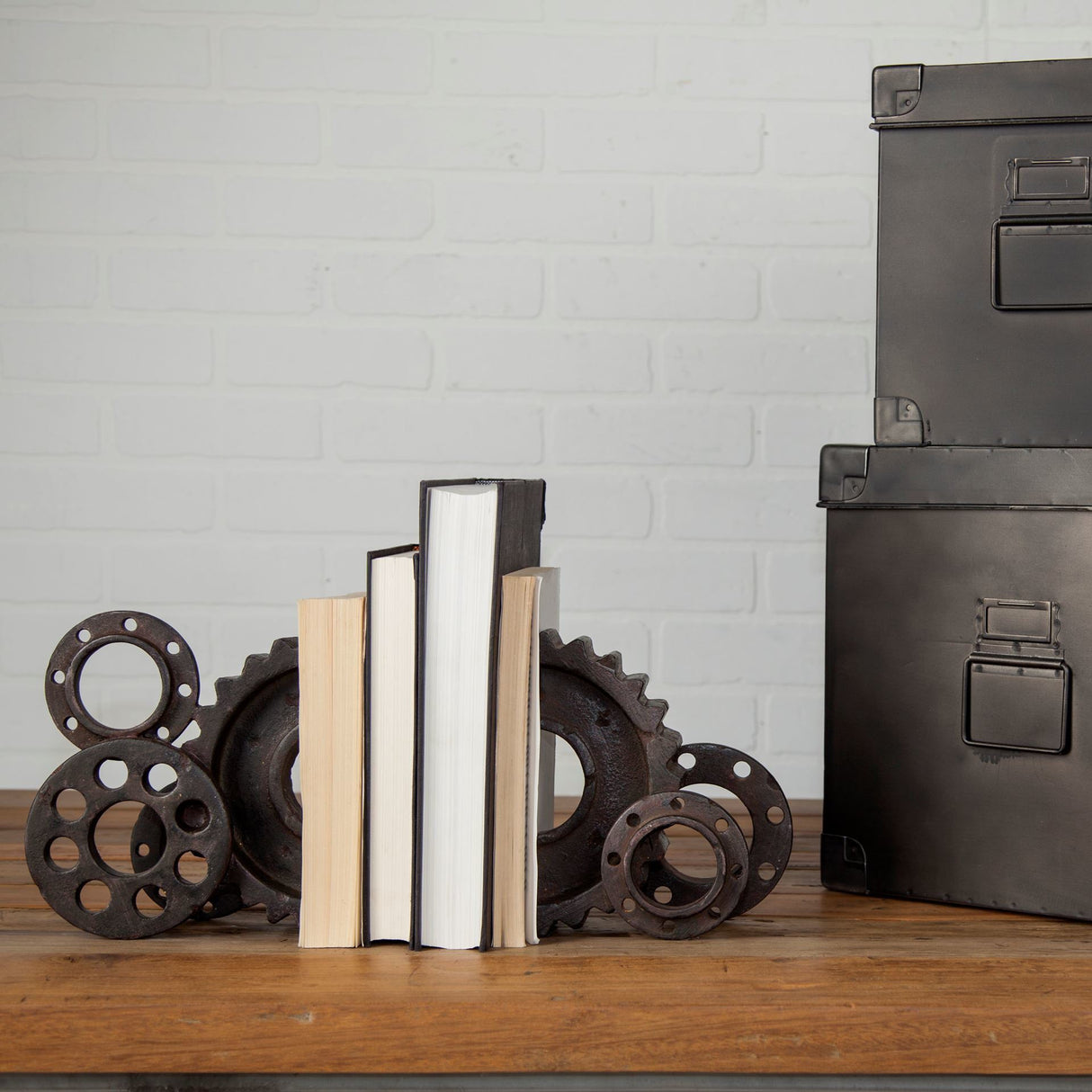 Cogsworth Set of 2 14L x 4W Brown Resin Industrial Gear Bookends by Mercana at Eve Furniture